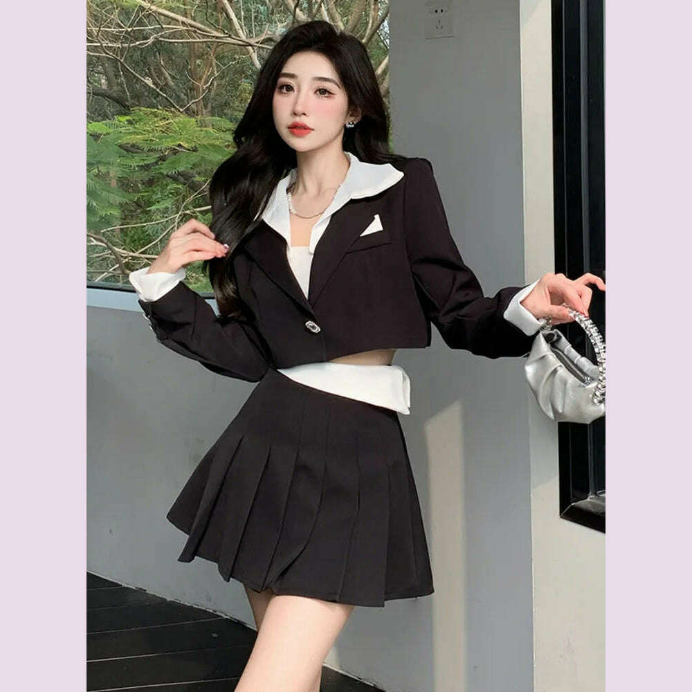 KIMLUD, Elegant Fashion Two Piece Set Women Short Blazer Coat Crop Top + Pleated Skirt Suit Spring Office Lady 2 Piece Sets Women Outfit, Black / S, KIMLUD APPAREL - Womens Clothes