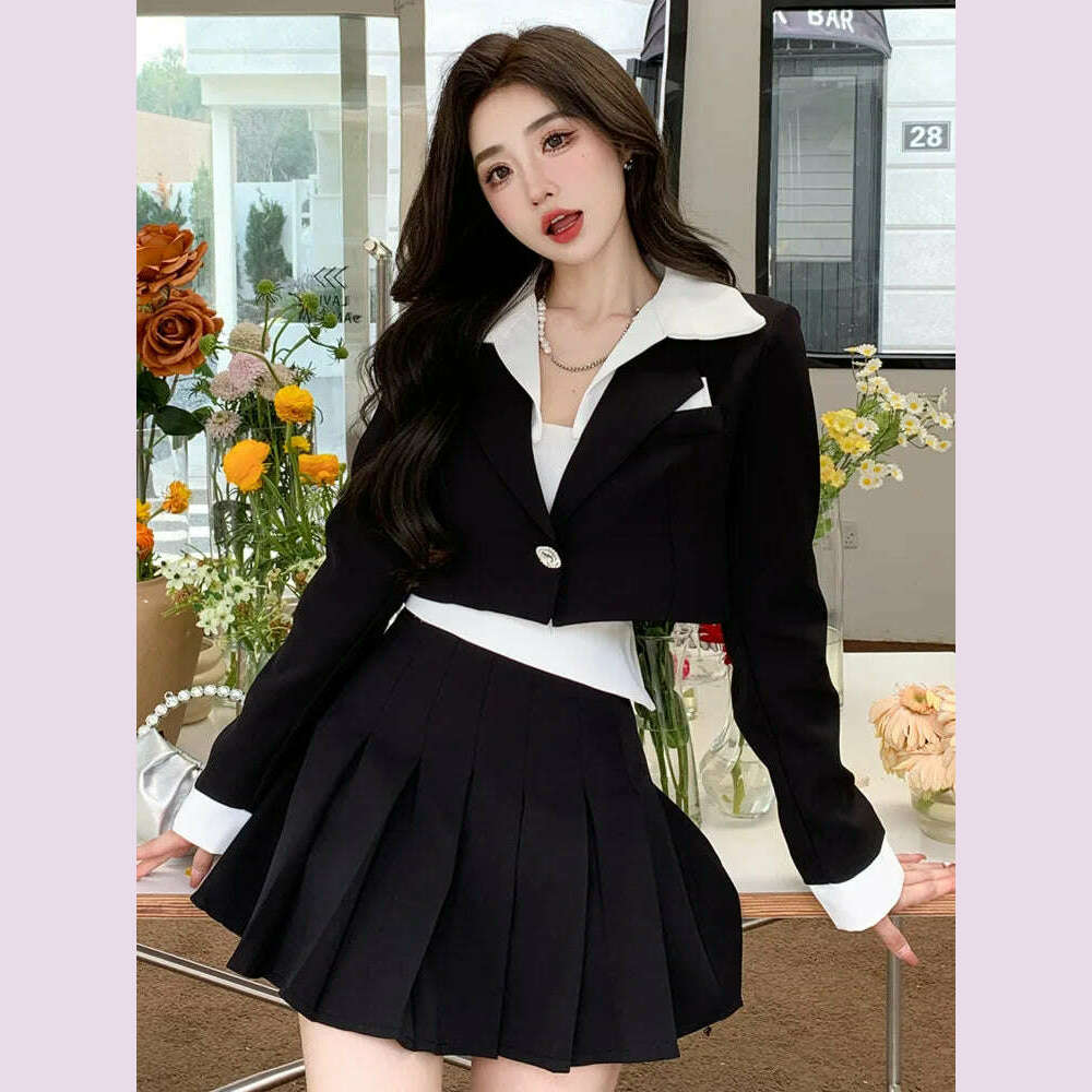 KIMLUD, Elegant Fashion Two Piece Set Women Short Blazer Coat Crop Top + Pleated Skirt Suit Spring Office Lady 2 Piece Sets Women Outfit, KIMLUD Womens Clothes