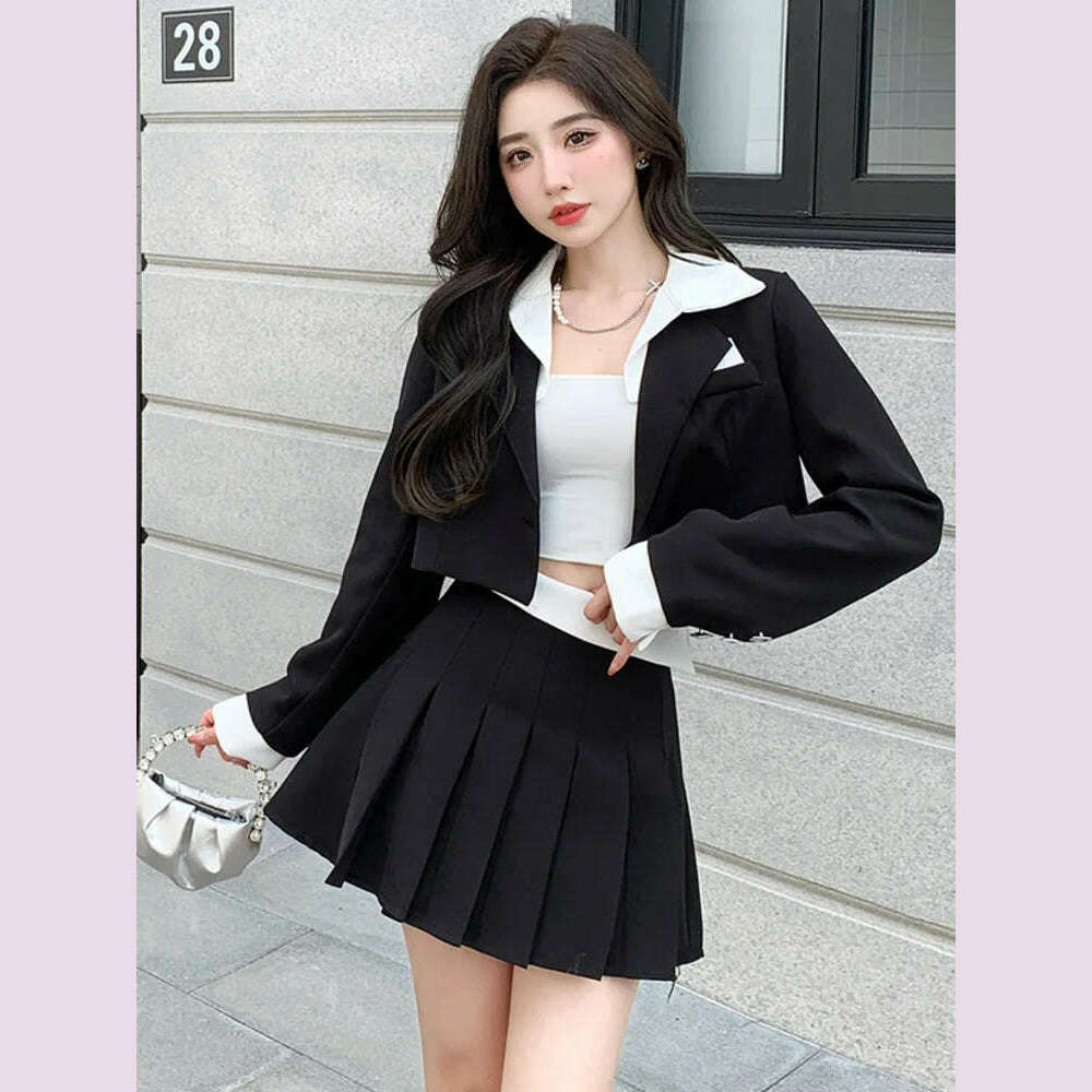 KIMLUD, Elegant Fashion Two Piece Set Women Short Blazer Coat Crop Top + Pleated Skirt Suit Spring Office Lady 2 Piece Sets Women Outfit, KIMLUD Womens Clothes