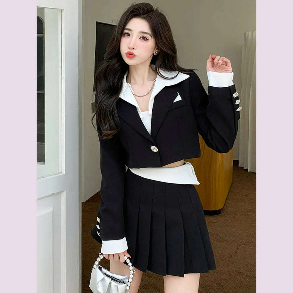 KIMLUD, Elegant Fashion Two Piece Set Women Short Blazer Coat Crop Top + Pleated Skirt Suit Spring Office Lady 2 Piece Sets Women Outfit, KIMLUD Womens Clothes