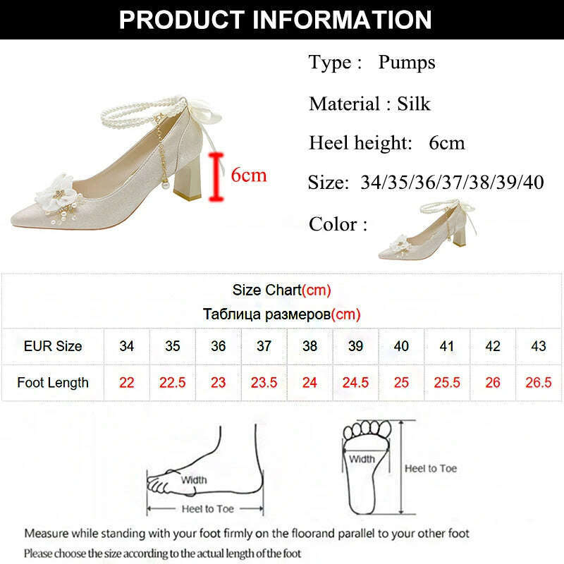 KIMLUD, Elegant Flowers High Heels Pumps Women 2024 New Pearl Ankle Strap Wedding Shoes Woman String Bead Small Square Heel Bridal Shoes, KIMLUD Womens Clothes