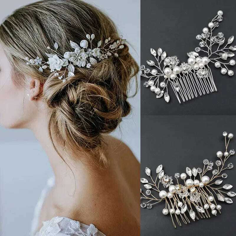 Elegant Handmade Tiara Wedding Hair Comb Flower Bridal Hairpins Pearl Rhinestone Head Jewelry Girls Wedding Hair Accessories - KIMLUD