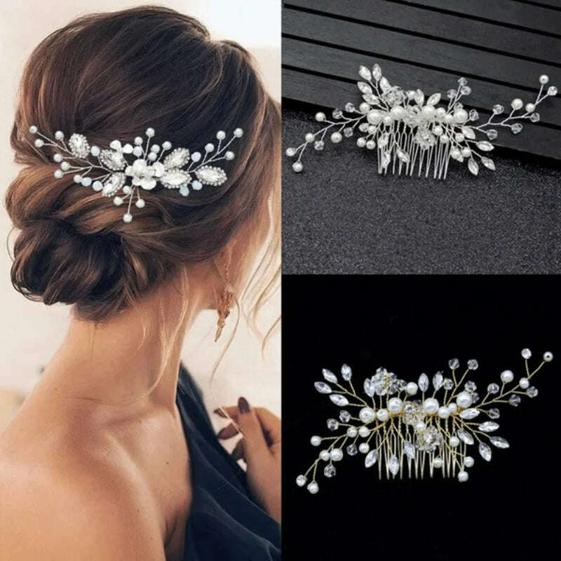 Elegant Handmade Tiara Wedding Hair Comb Flower Bridal Hairpins Pearl Rhinestone Head Jewelry Girls Wedding Hair Accessories - KIMLUD