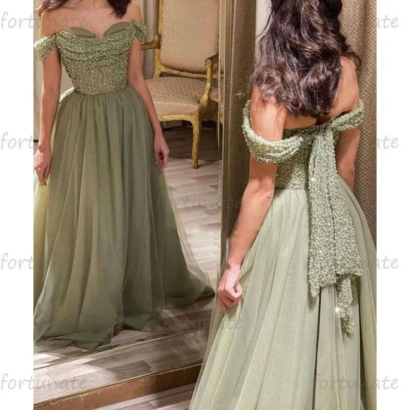 Elegant Homecoming Dresses Sweetheart Off The Shoulder Green Tulle Long Glitter Sequins Beads Graduation Formal Party Prom Gown - KIMLUD