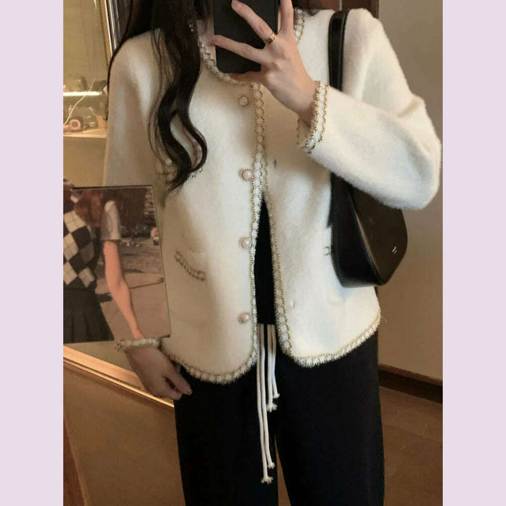 KIMLUD, Elegant Imitation Mink Cashmere Sweater Jacket Women Autumn Winter Korean O-Neck Loose Knitted Cardigan Female Fashion Outwear, WHITE / XL 60-65kg, KIMLUD APPAREL - Womens Clothes