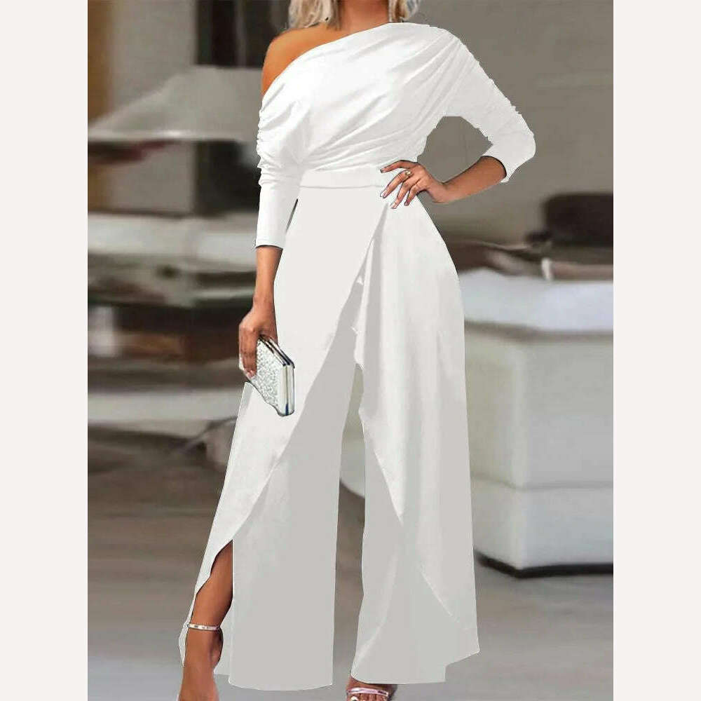 KIMLUD, Elegant Jumpsuits for Women 2023 Spring New Sexy Slit Ruched Cold Shoulder Wide Leg Jumpsuit Office Lady Party Black Jumpsuit, White / S, KIMLUD APPAREL - Womens Clothes