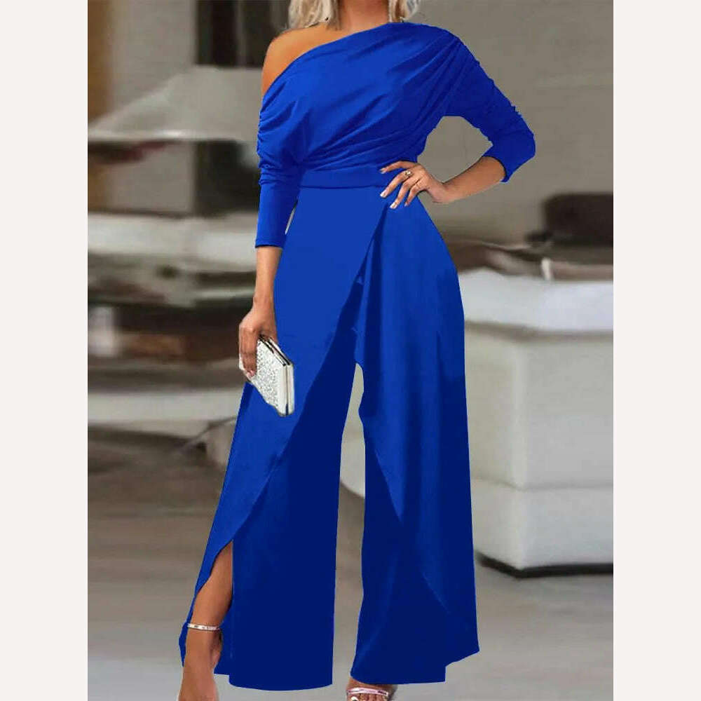 KIMLUD, Elegant Jumpsuits for Women 2023 Spring New Sexy Slit Ruched Cold Shoulder Wide Leg Jumpsuit Office Lady Party Black Jumpsuit, Blue / S, KIMLUD APPAREL - Womens Clothes