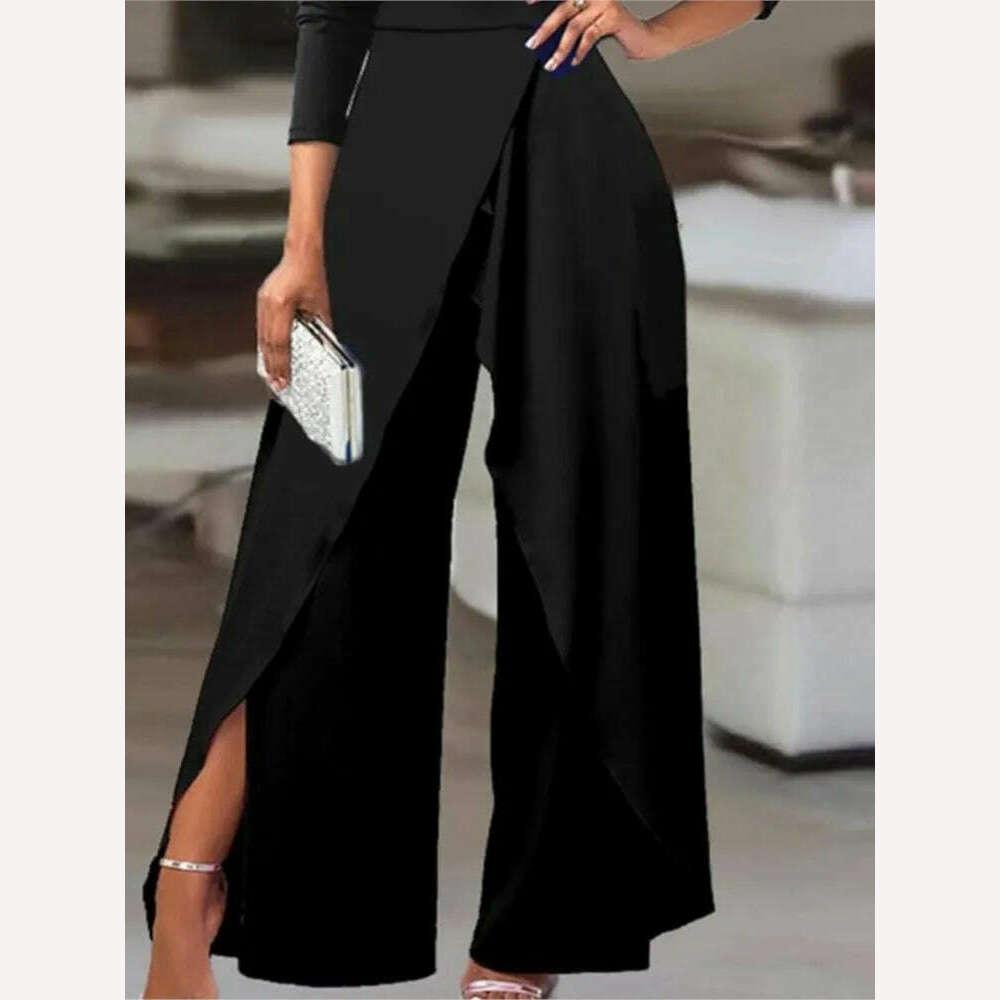 Elegant Jumpsuits for Women 2023 Spring New Sexy Slit Ruched Cold Shoulder Wide Leg Jumpsuit Office Lady Party Black Jumpsuit - KIMLUD