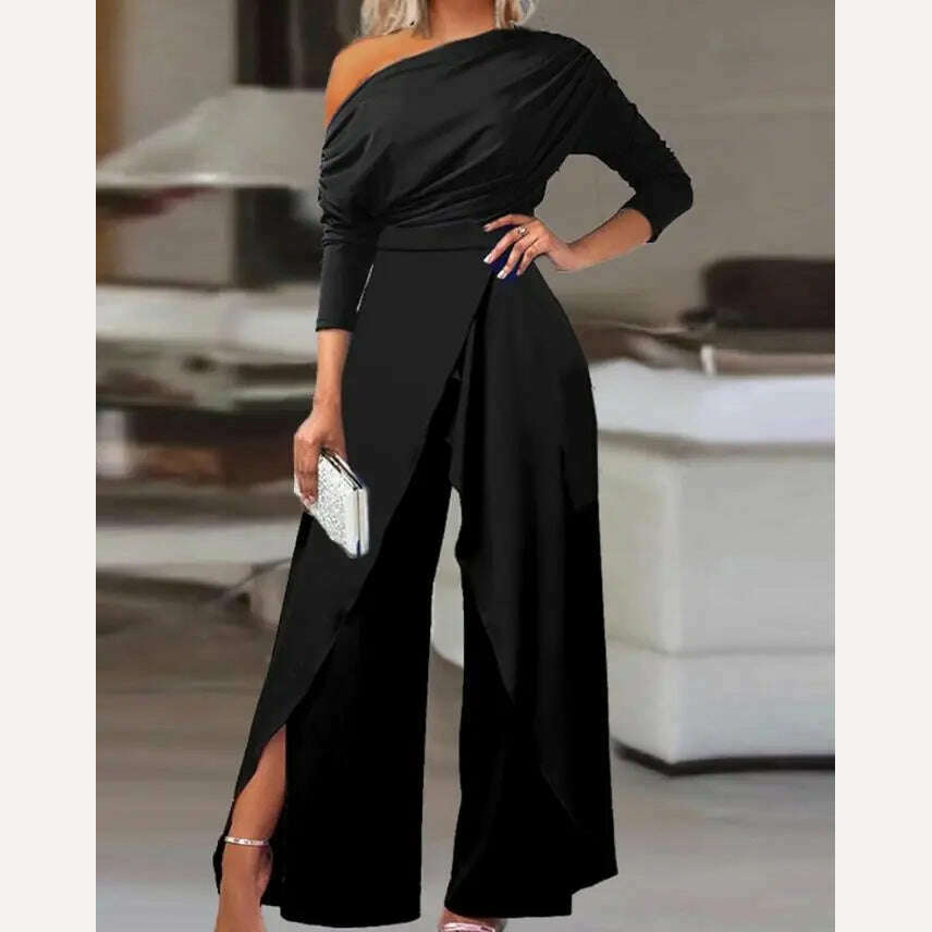 Elegant Jumpsuits for Women 2023 Spring New Sexy Slit Ruched Cold Shoulder Wide Leg Jumpsuit Office Lady Party Black Jumpsuit - KIMLUD