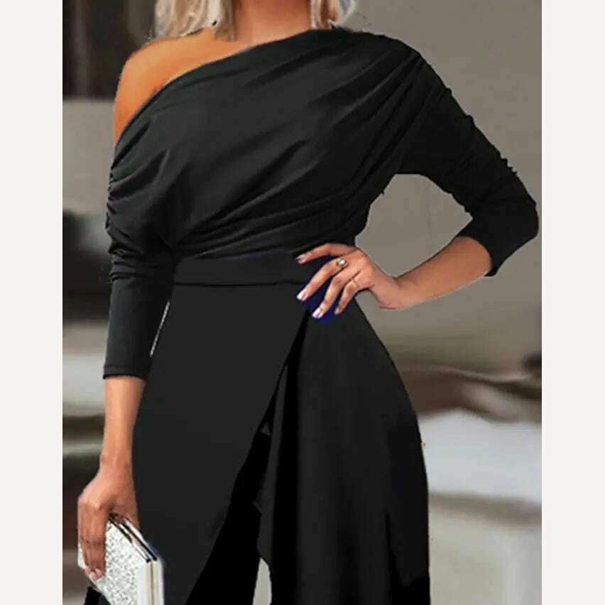 Elegant Jumpsuits for Women 2023 Spring New Sexy Slit Ruched Cold Shoulder Wide Leg Jumpsuit Office Lady Party Black Jumpsuit - KIMLUD