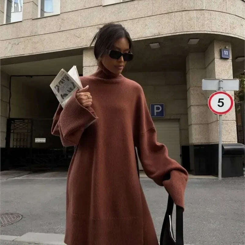 KIMLUD, Elegant Knit Two Piece Set Women Turtleneck Side Split Sweater Long Sleeve Wide Leg Pants Female Sets 2023 Winter Loose Suit, brown / S, KIMLUD APPAREL - Womens Clothes