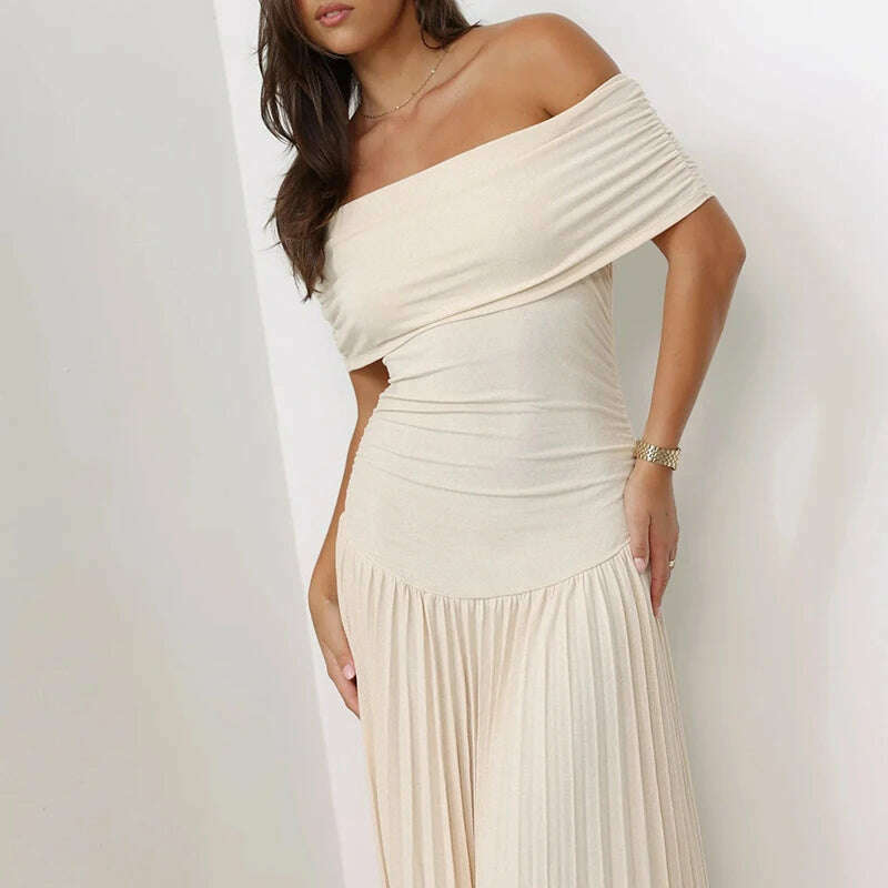 Elegant Lady Short Sleeve Solid Evening Dress Summer Fashion Patchwork Slim Long Dress Casual Slash Neck High Waist Pleats Dress - KIMLUD