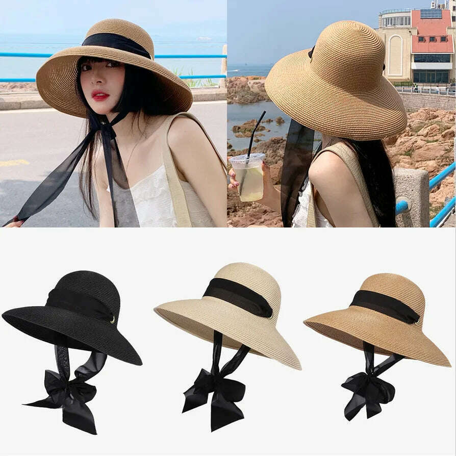 Elegant Long Black Ribbon Straw Hats For Women Foldable Wide Brim Panama Beach Hat Female Fashion Holiday Photo Props Sun Caps - KIMLUD