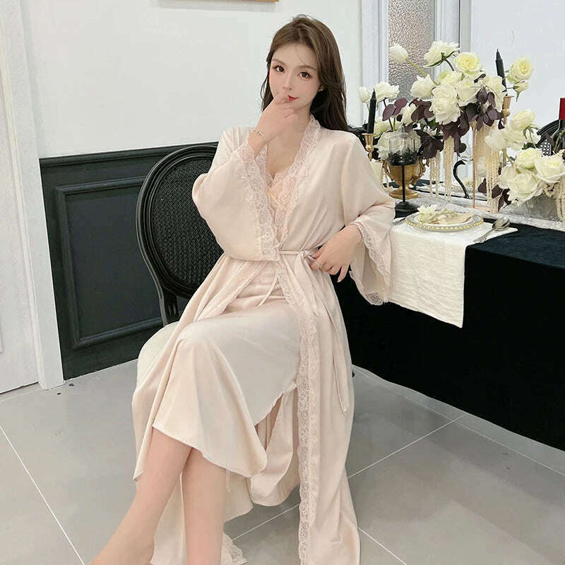 KIMLUD, Elegant Long Robe Suit Sexy Home Dressing Gown Lace Trim Kimono Bathrobe Backless Nighty&robe Set Intimate Lingerie Nightgown, KIMLUD Womens Clothes