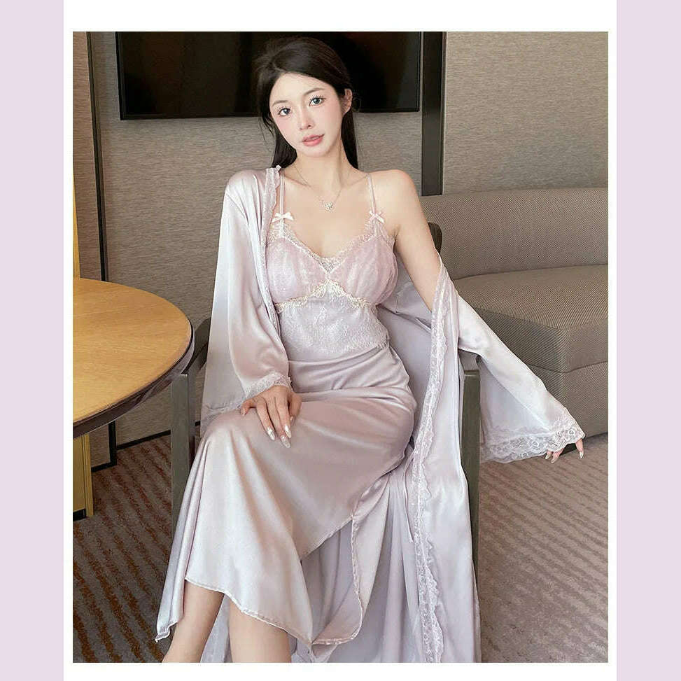 KIMLUD, Elegant Long Robe Suit Sexy Home Dressing Gown Lace Trim Kimono Bathrobe Backless Nighty&robe Set Intimate Lingerie Nightgown, KIMLUD Womens Clothes