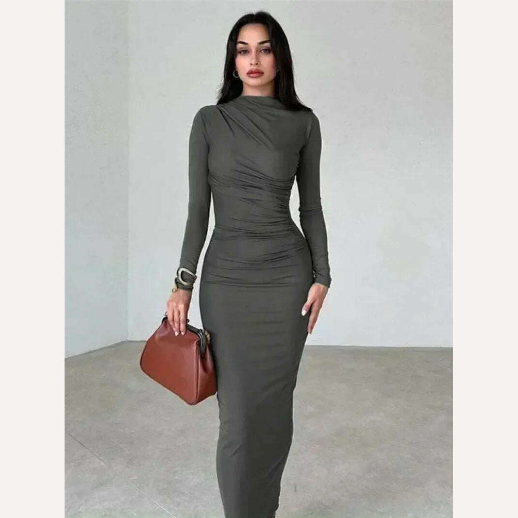 KIMLUD, Elegant O-neck Long Sleeve Folds Tunics Bodycon Dresses for Women Autumn Winter Office Lady High Waist Party Evening Dress 2023, Dark Gray / S, KIMLUD APPAREL - Womens Clothes