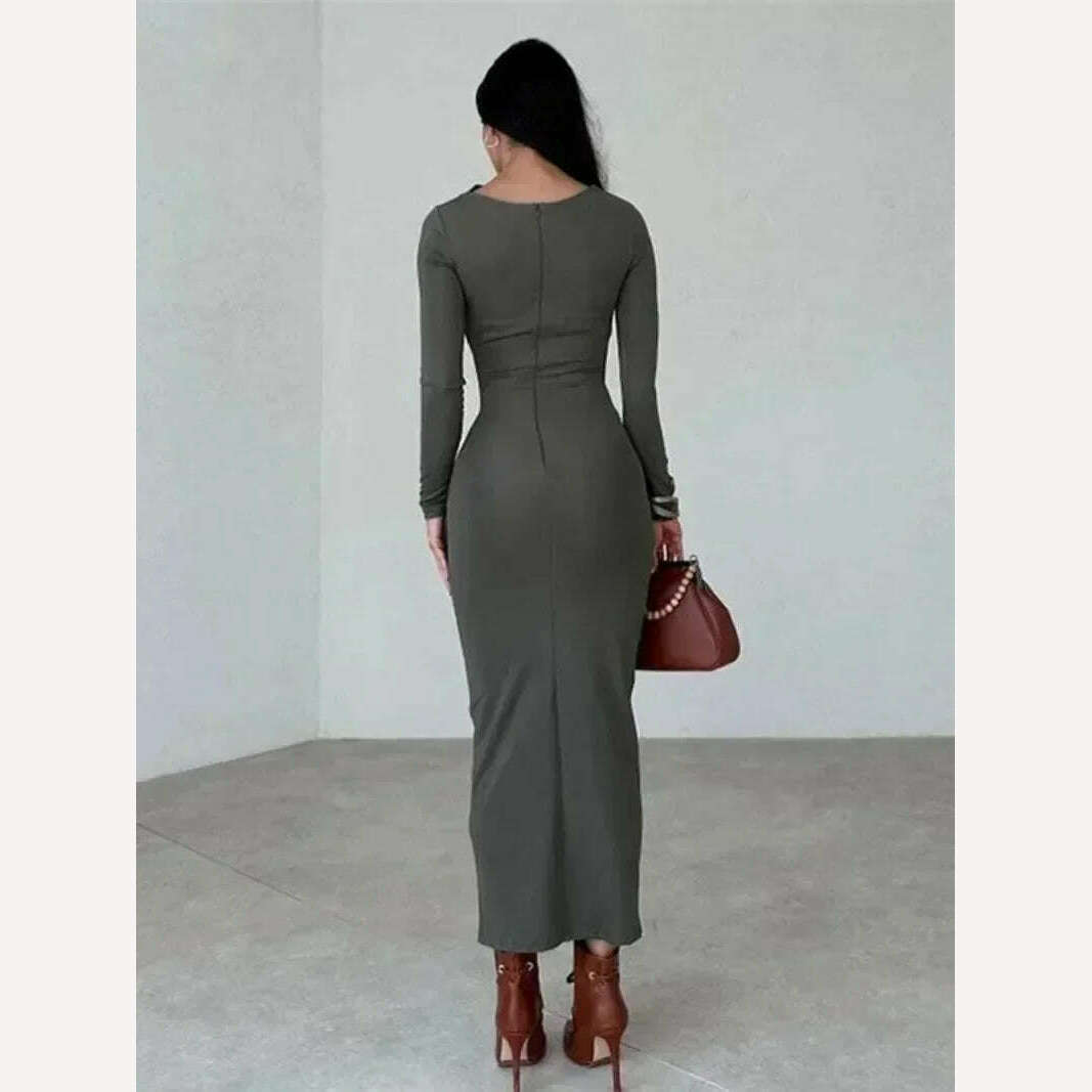 KIMLUD, Elegant O-neck Long Sleeve Folds Tunics Bodycon Dresses for Women Autumn Winter Office Lady High Waist Party Evening Dress 2023, KIMLUD Womens Clothes