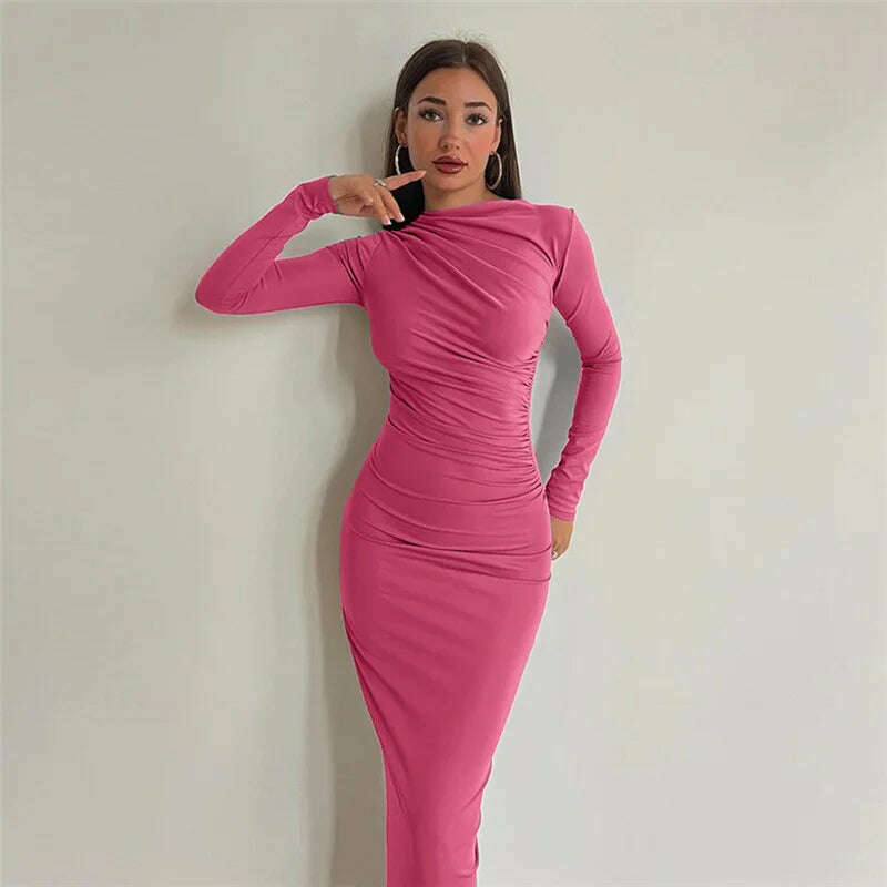 KIMLUD, Elegant O-neck Long Sleeve Folds Tunics Bodycon Dresses for Women Autumn Winter Office Lady High Waist Party Evening Dress 2023, Rose Red / S, KIMLUD APPAREL - Womens Clothes