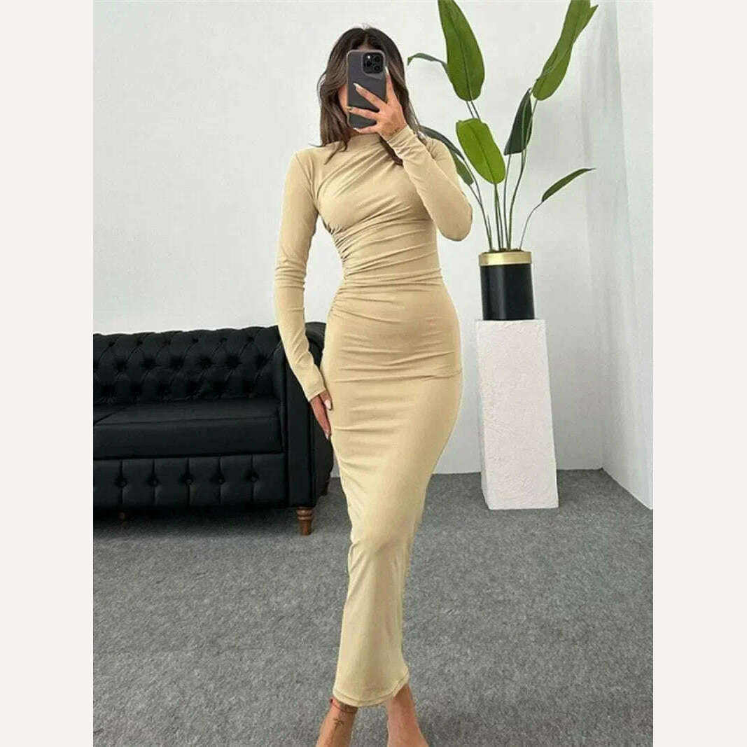 KIMLUD, Elegant O-neck Long Sleeve Folds Tunics Bodycon Dresses for Women Autumn Winter Office Lady High Waist Party Evening Dress 2023, KIMLUD Womens Clothes