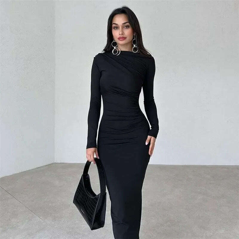 KIMLUD, Elegant O-neck Long Sleeve Folds Tunics Bodycon Dresses for Women Autumn Winter Office Lady High Waist Party Evening Dress 2023, KIMLUD Womens Clothes