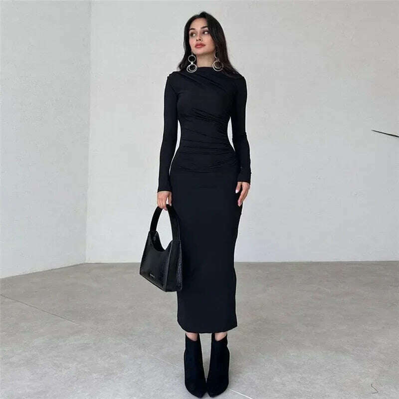 KIMLUD, Elegant O-neck Long Sleeve Folds Tunics Bodycon Dresses for Women Autumn Winter Office Lady High Waist Party Evening Dress 2023, KIMLUD Womens Clothes