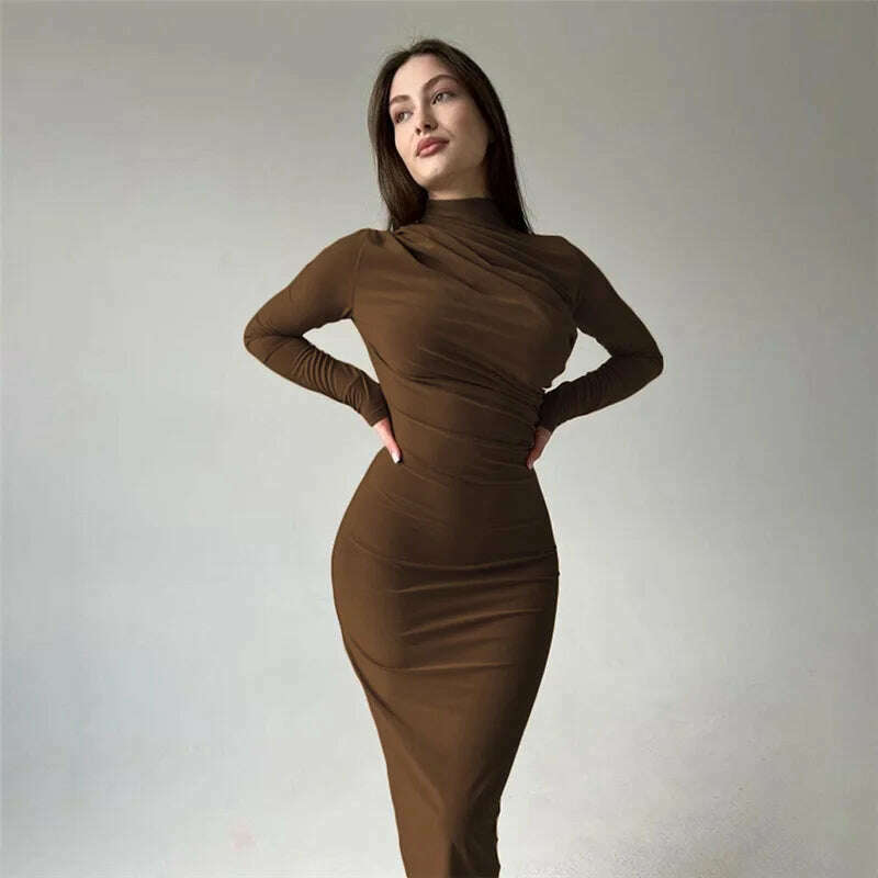 KIMLUD, Elegant O-neck Long Sleeve Folds Tunics Bodycon Dresses for Women Autumn Winter Office Lady High Waist Party Evening Dress 2023, Coffee / S, KIMLUD APPAREL - Womens Clothes