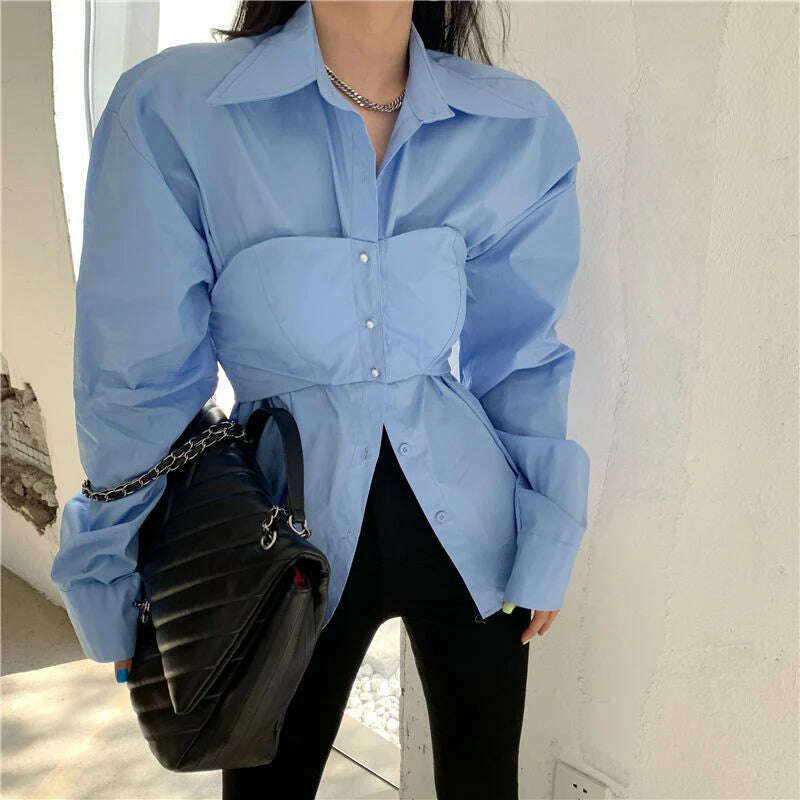 KIMLUD, Elegant Patchwork Shirts Women Korean Fake Two Pieces White Blouses Streetwear Office Outfits Fashion Long Sleeve Chic Tops New, Blue / XL, KIMLUD APPAREL - Womens Clothes