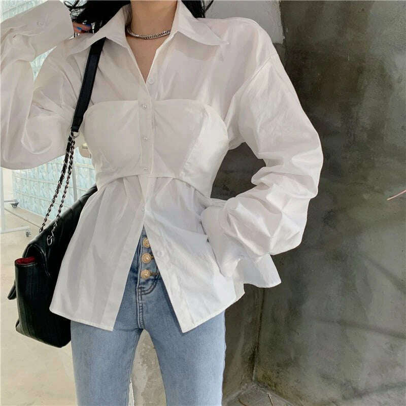 KIMLUD, Elegant Patchwork Shirts Women Korean Fake Two Pieces White Blouses Streetwear Office Outfits Fashion Long Sleeve Chic Tops New, KIMLUD Womens Clothes