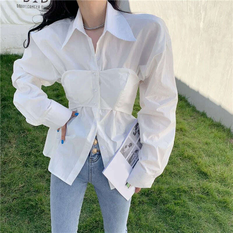 KIMLUD, Elegant Patchwork Shirts Women Korean Fake Two Pieces White Blouses Streetwear Office Outfits Fashion Long Sleeve Chic Tops New, KIMLUD Womens Clothes