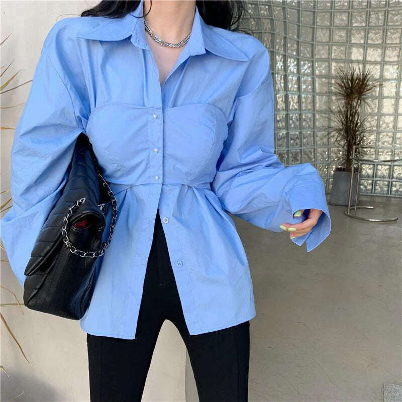 KIMLUD, Elegant Patchwork Shirts Women Korean Fake Two Pieces White Blouses Streetwear Office Outfits Fashion Long Sleeve Chic Tops New, KIMLUD Womens Clothes