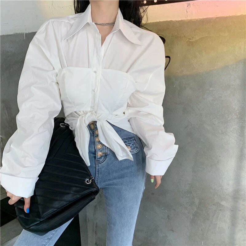 KIMLUD, Elegant Patchwork Shirts Women Korean Fake Two Pieces White Blouses Streetwear Office Outfits Fashion Long Sleeve Chic Tops New, KIMLUD Womens Clothes