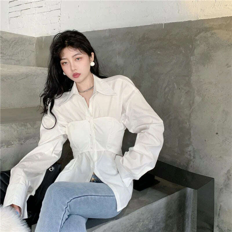 KIMLUD, Elegant Patchwork Shirts Women Korean Fake Two Pieces White Blouses Streetwear Office Outfits Fashion Long Sleeve Chic Tops New, WHITE / M, KIMLUD APPAREL - Womens Clothes