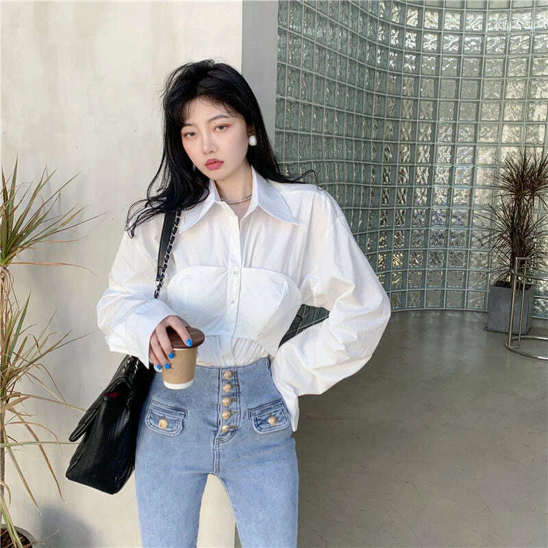 KIMLUD, Elegant Patchwork Shirts Women Korean Fake Two Pieces White Blouses Streetwear Office Outfits Fashion Long Sleeve Chic Tops New, KIMLUD Womens Clothes