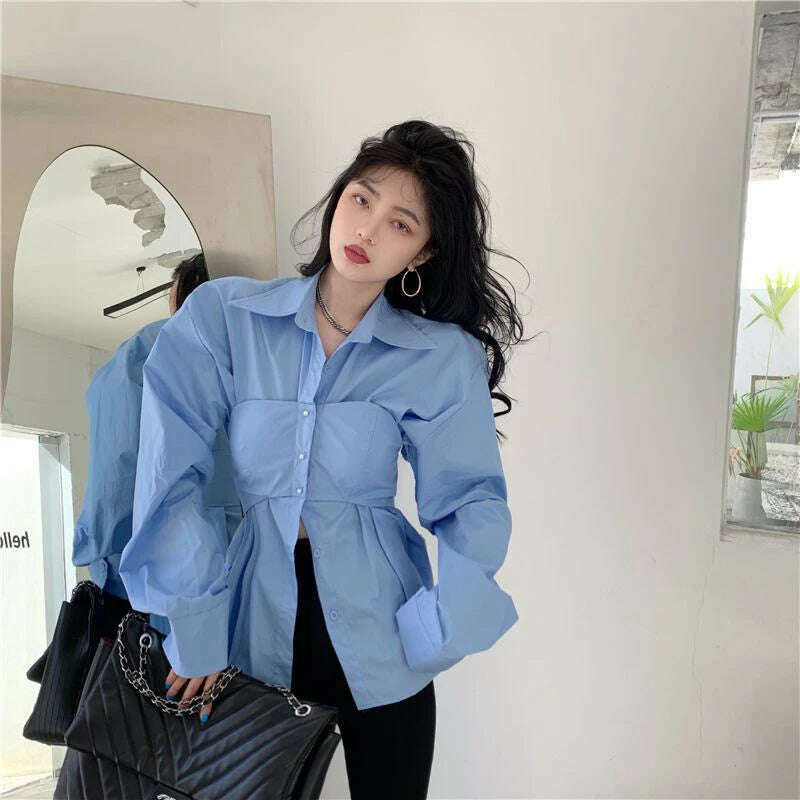 KIMLUD, Elegant Patchwork Shirts Women Korean Fake Two Pieces White Blouses Streetwear Office Outfits Fashion Long Sleeve Chic Tops New, KIMLUD Womens Clothes