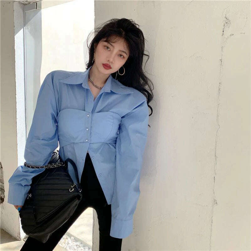 KIMLUD, Elegant Patchwork Shirts Women Korean Fake Two Pieces White Blouses Streetwear Office Outfits Fashion Long Sleeve Chic Tops New, KIMLUD Womens Clothes