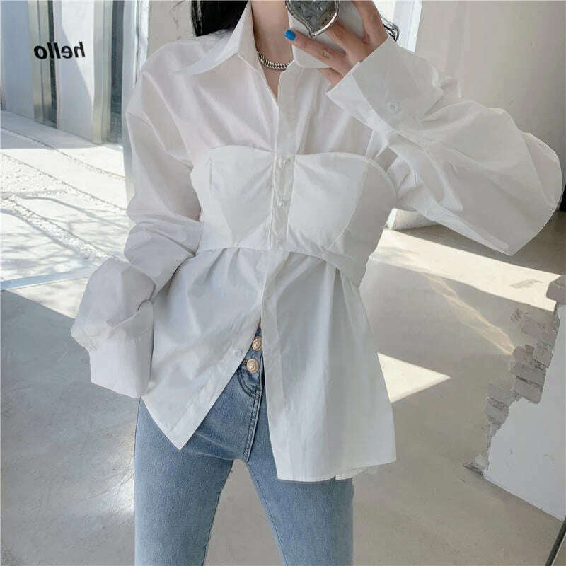 KIMLUD, Elegant Patchwork Shirts Women Korean Fake Two Pieces White Blouses Streetwear Office Outfits Fashion Long Sleeve Chic Tops New, KIMLUD Womens Clothes