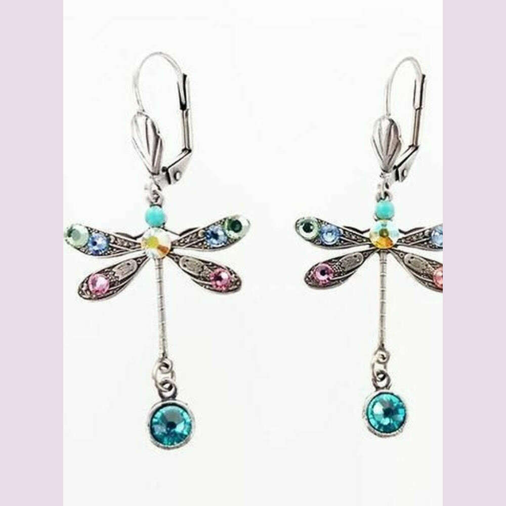 Elegant Personalized Carved Dragonfly Earrings Seven colored gems Hook Drop Earrings Wedding Engagement Earrings for women - KIMLUD