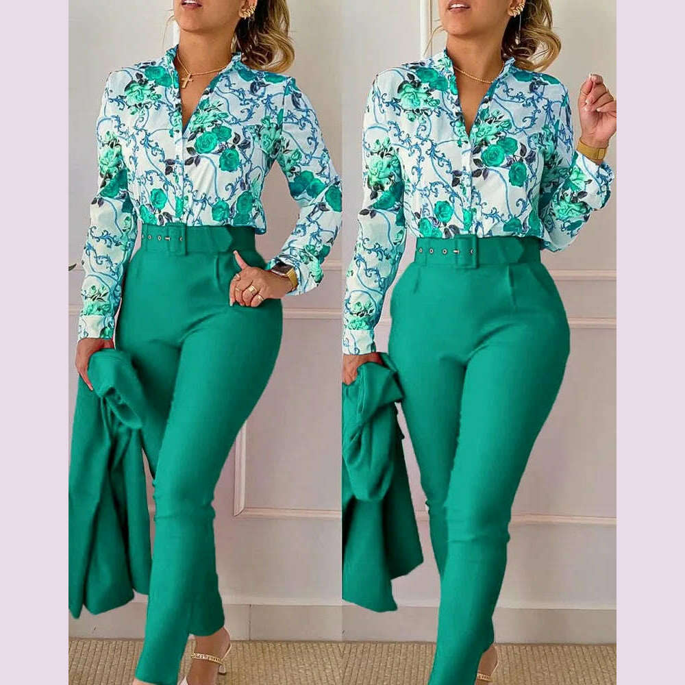 KIMLUD, elegant print shirt and pants two piece sets women 2023 spring autumn fashion long sleeve shirts high waist pant casual suits, KIMLUD Womens Clothes