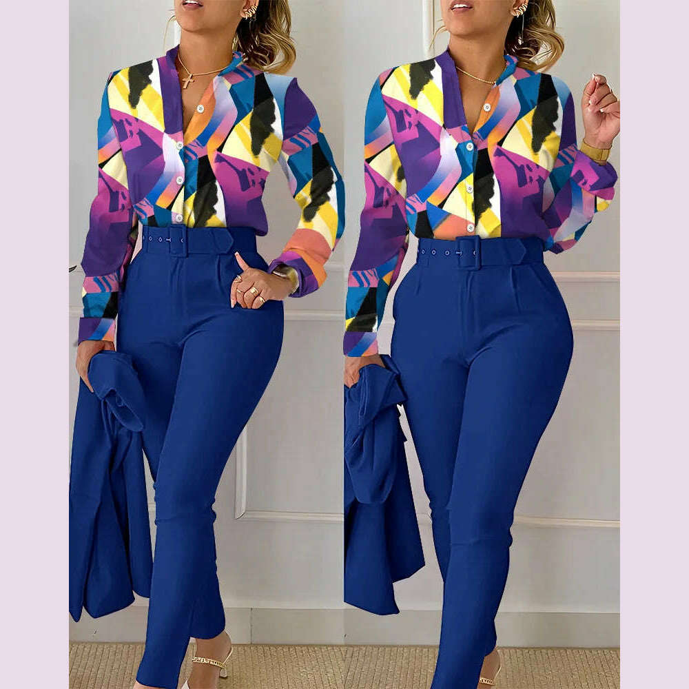 KIMLUD, elegant print shirt and pants two piece sets women 2023 spring autumn fashion long sleeve shirts high waist pant casual suits, KIMLUD Womens Clothes