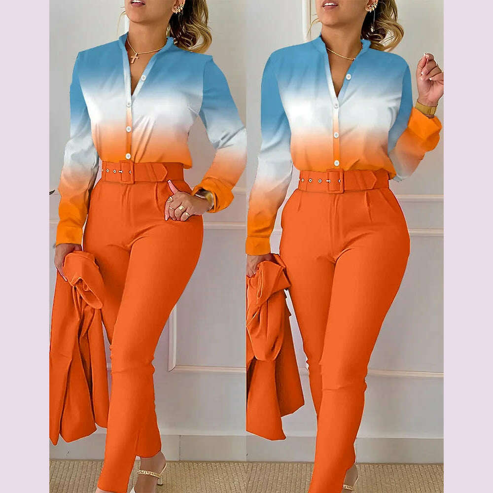 elegant print shirt and pants two piece sets women 2023 spring autumn fashion long sleeve shirts high waist pant casual suits - KIMLUD