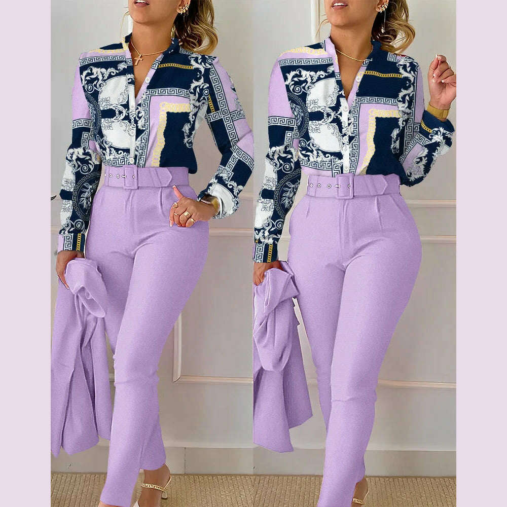 KIMLUD, elegant print shirt and pants two piece sets women 2023 spring autumn fashion long sleeve shirts high waist pant casual suits, PURPLE / XL, KIMLUD APPAREL - Womens Clothes