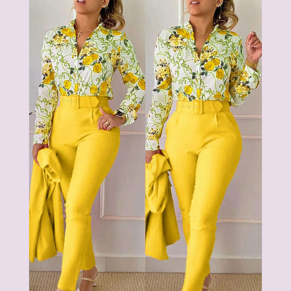 elegant print shirt and pants two piece sets women 2023 spring autumn fashion long sleeve shirts high waist pant casual suits - KIMLUD