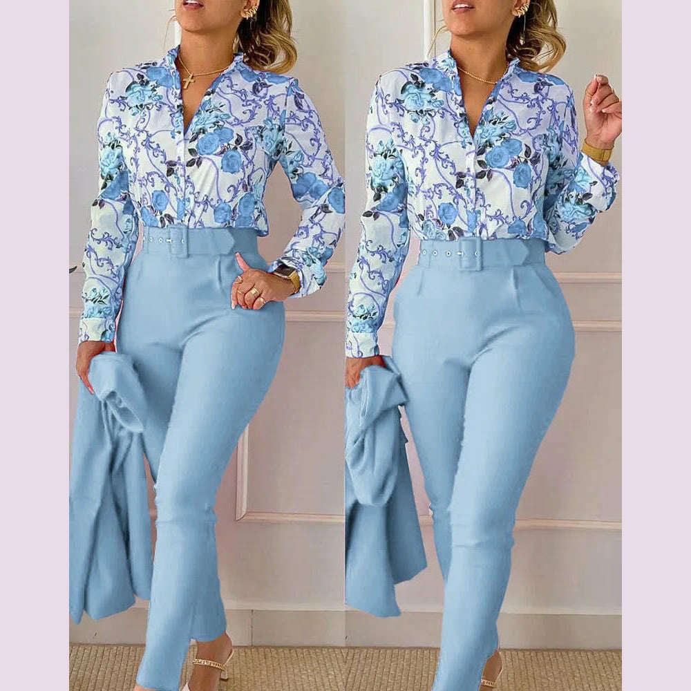 KIMLUD, elegant print shirt and pants two piece sets women 2023 spring autumn fashion long sleeve shirts high waist pant casual suits, Light  Blue / XL, KIMLUD APPAREL - Womens Clothes