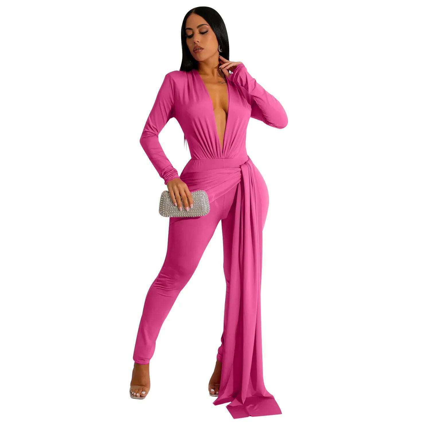 KIMLUD, Elegant Ribbon Bodycon Jumpsuits Sexy Long Sleeve Lace Up Romper Club Party Summer Women Clothes Overalls Luxury One Piece 2023, rosy / S, KIMLUD APPAREL - Womens Clothes