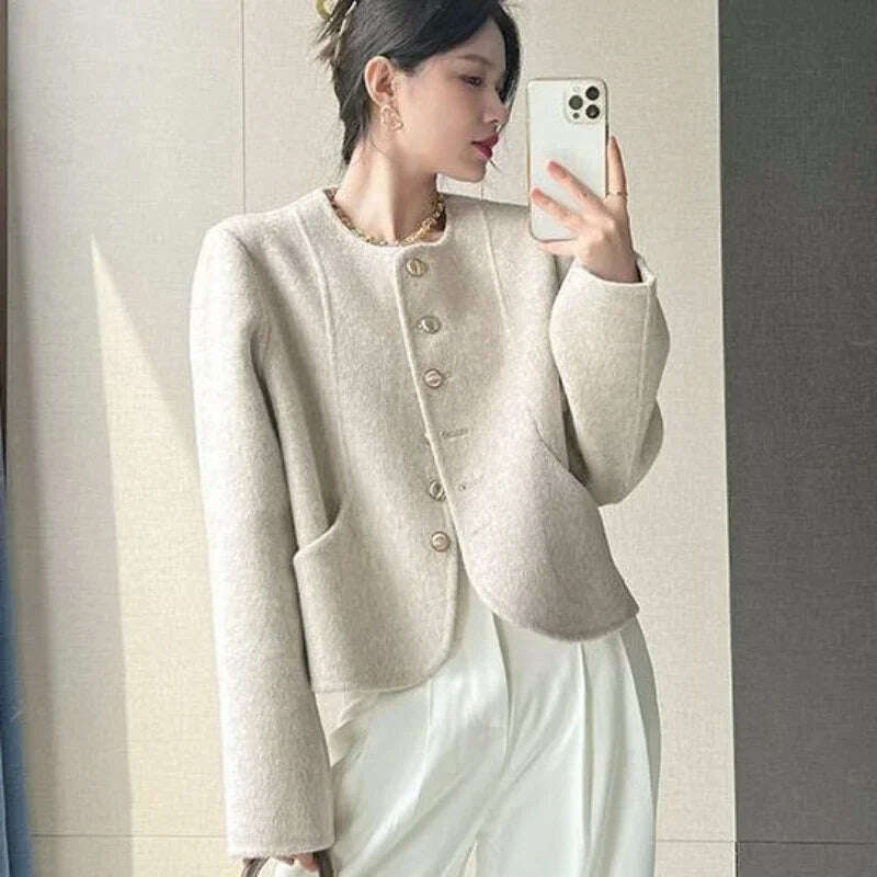 KIMLUD, Elegant Round Neck Short Woolen Coat Fall Winter New Korean Loose Outerwear Fashion Solid Single Breasted Women Casaco Jackets, Beige / S, KIMLUD APPAREL - Womens Clothes