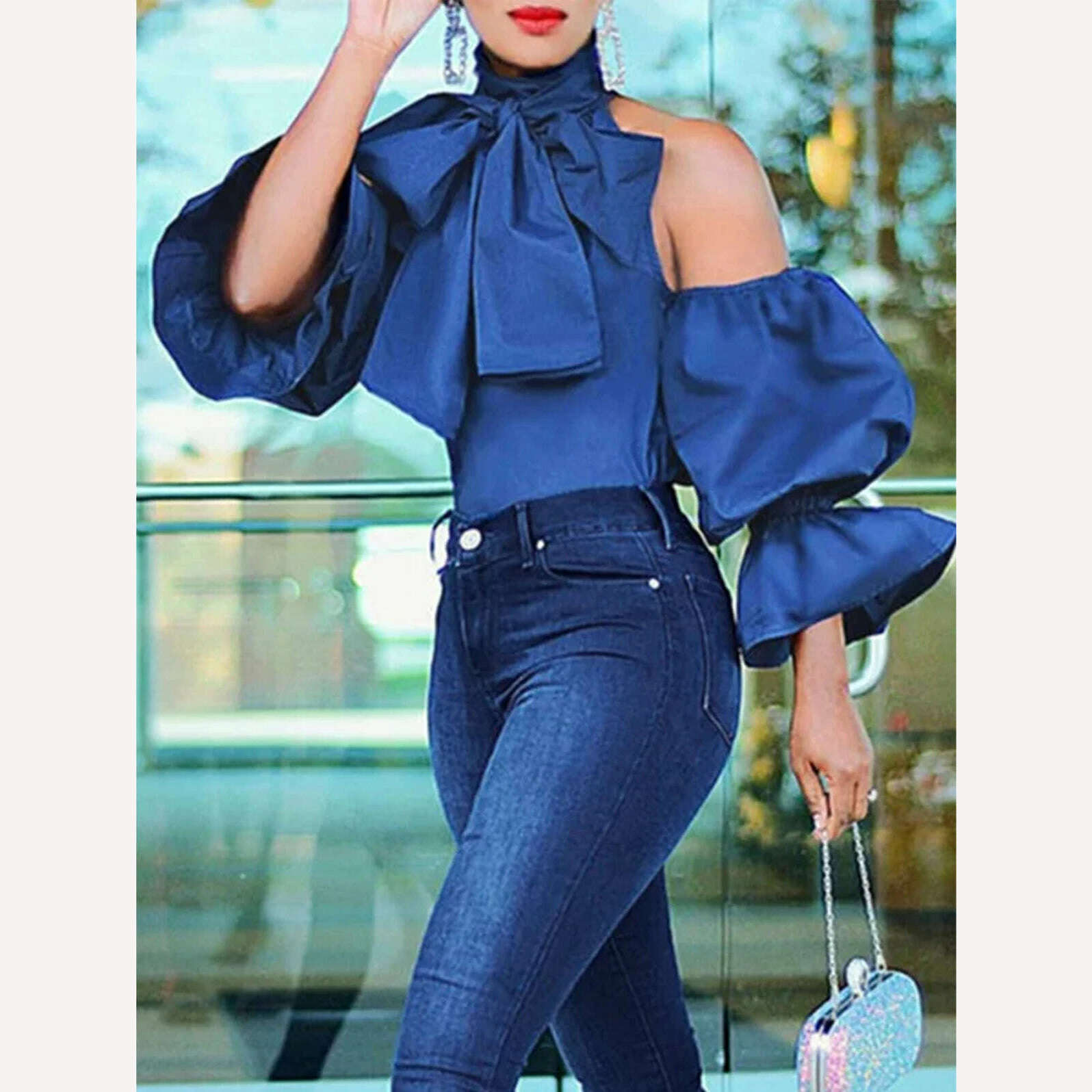 KIMLUD, Elegant Solid Cold Shoulder Long Sleeve Top Bow Lantern Sleeve Ruffles Birthday Cocktail Occasion Pullover Evening Party Blouse, Blue / S / CHINA, KIMLUD APPAREL - Womens Clothes