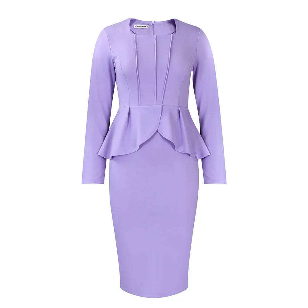 KIMLUD, Elegant Solid Ruffle Party Dress Women Fashion Pleated Bodycon Evening Wedding Work Business Midi Dress, Purple / M, KIMLUD APPAREL - Womens Clothes