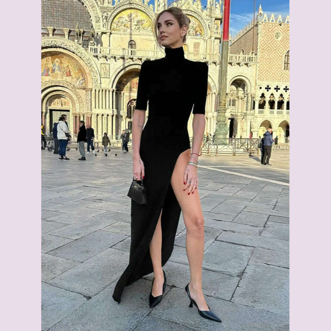 KIMLUD, Elegant Turtleneck Half Sleeve High Waist Long Party Dress Women's Shoulder Pads High Waist Bodycon Solid Black Evening Dresses, KIMLUD Womens Clothes