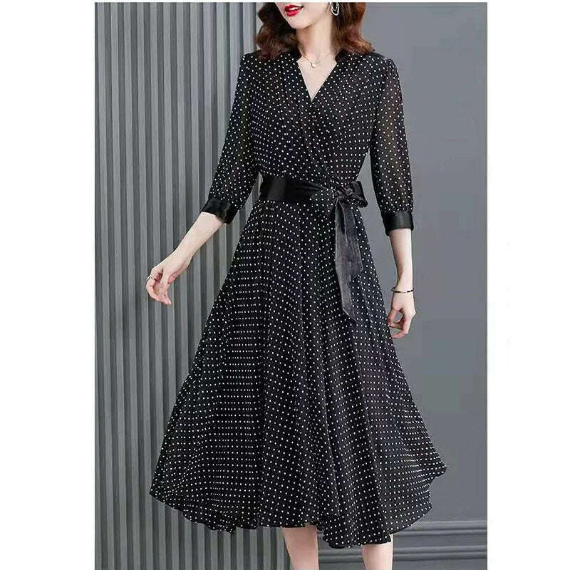 KIMLUD, Elegant V-Neck Spliced Loose Bandage Bow Polka Dot Midi Dress Women Clothing 2023 Autumn New Oversized Office Lady Floral Dress, KIMLUD Womens Clothes