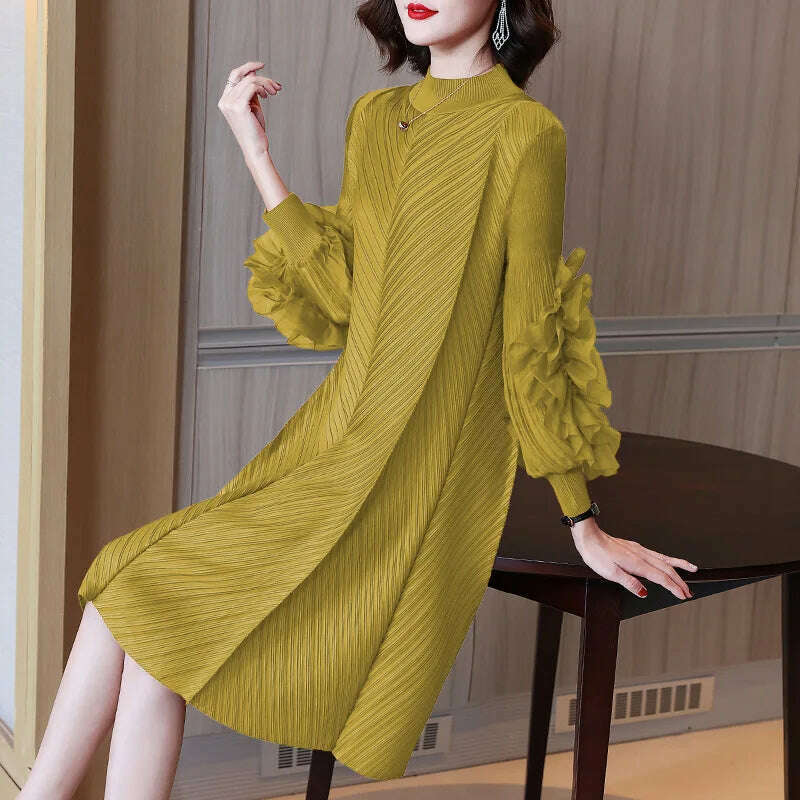 KIMLUD, Elegant Vintage Style DEAT Woman Pleated Midi Dress with Ruffles Mesh Long Sleeve Half Turtleneck for Early Autumn Fashion, One Size / Avocado Green, KIMLUD APPAREL - Womens Clothes